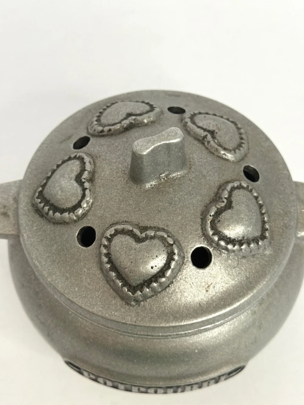 Vintage Solid Pewter Potpourri Bowl With Hearts on Lid, Rare